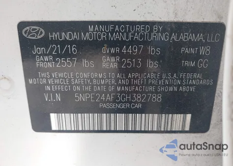 2016 Hyundai Sonata Se from USA, damaged, VIN 5NPE24AF3GH382788